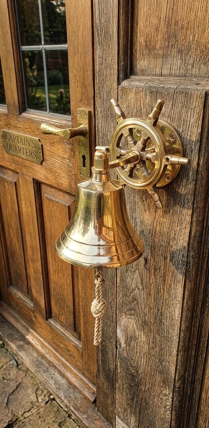 Brass Door Bell with Ship Wheel Wall Mount