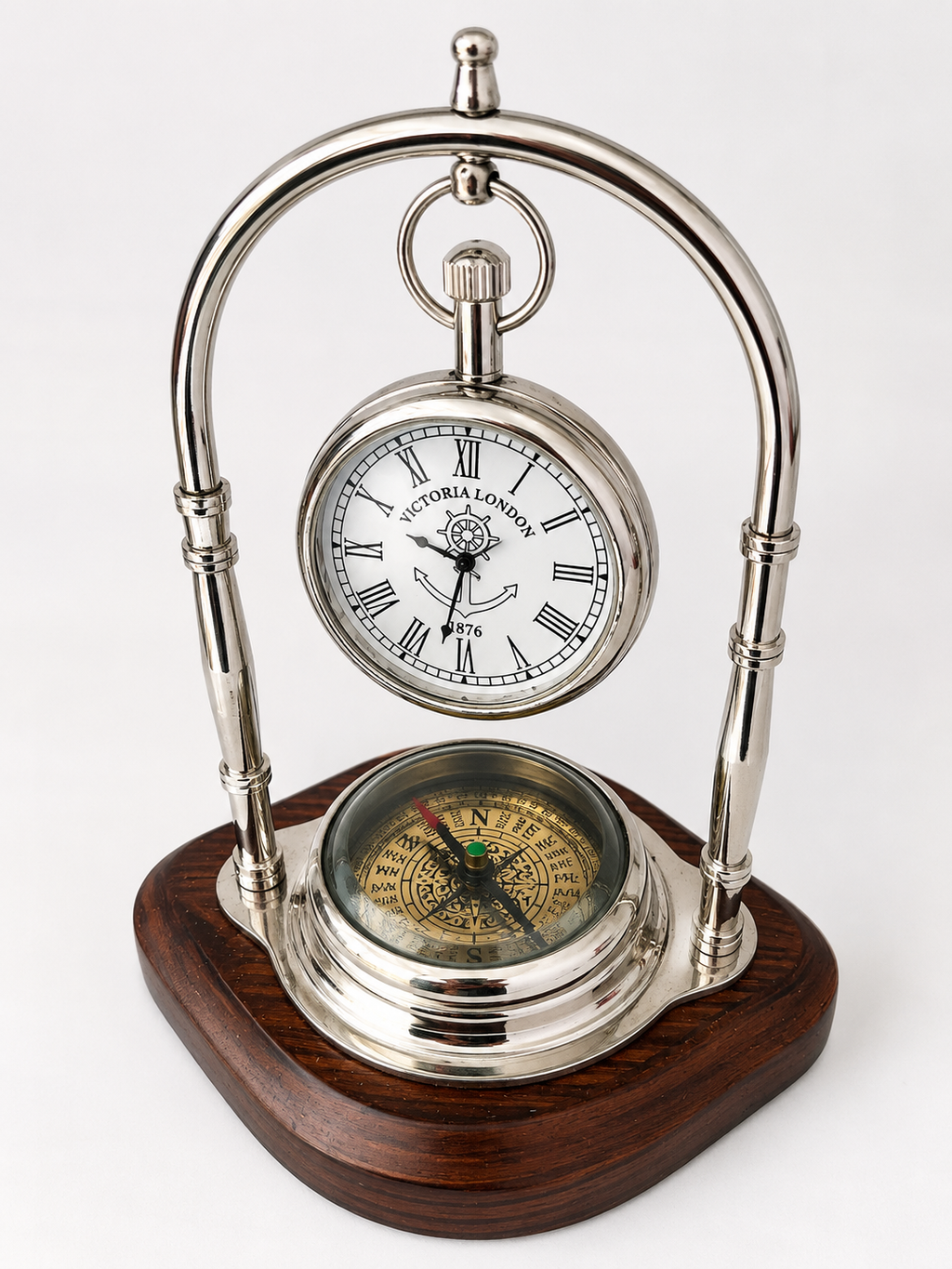 Writing  Vintage Nautical Desk Clock with Compass – Silver-Tone Maritime Table Clock with Wooden Base