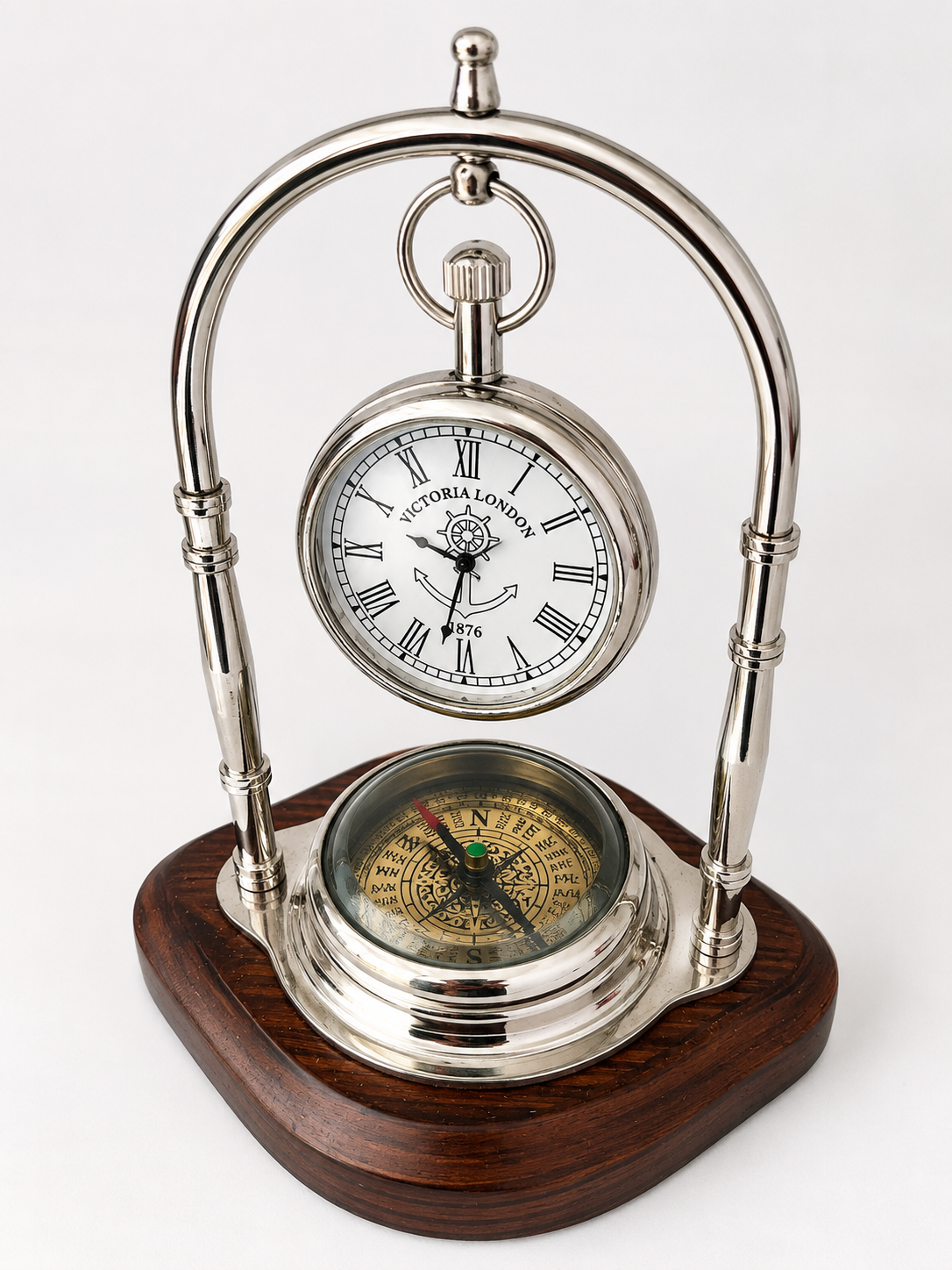 Writing  Vintage Nautical Desk Clock with Compass – Silver-Tone Maritime Table Clock with Wooden Base
