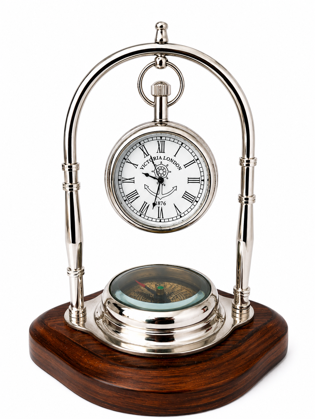 Writing  Vintage Nautical Desk Clock with Compass – Silver-Tone Maritime Table Clock with Wooden Base
