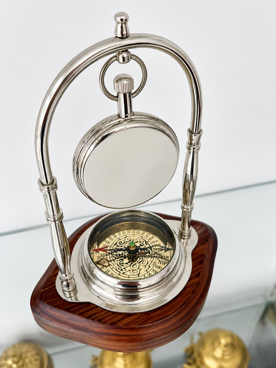 Writing  Vintage Nautical Desk Clock with Compass – Silver-Tone Maritime Table Clock with Wooden Base