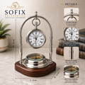 Writing  Vintage Nautical Desk Clock with Compass – Silver-Tone Maritime Table Clock with Wooden Base