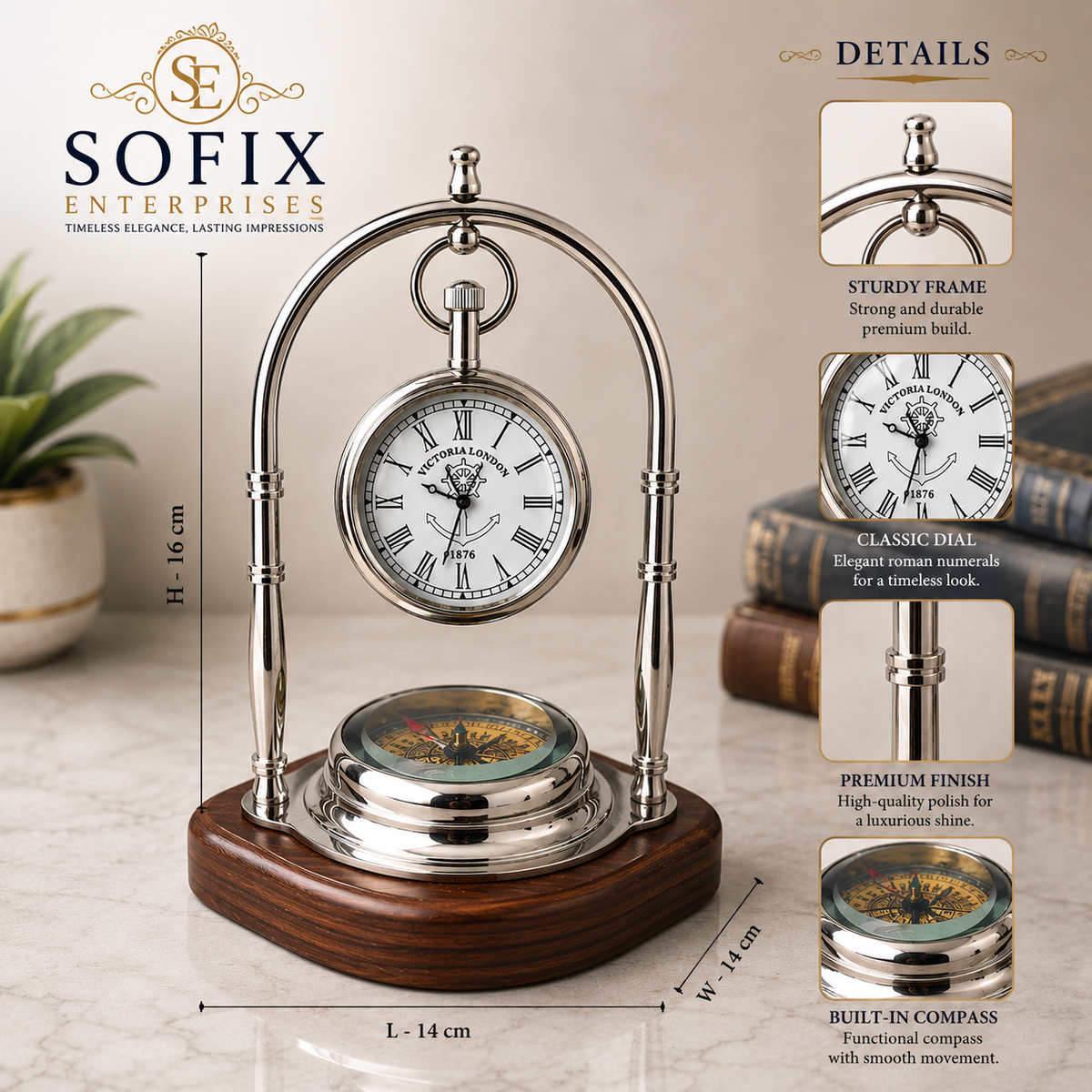 Writing  Vintage Nautical Desk Clock with Compass – Silver-Tone Maritime Table Clock with Wooden Base