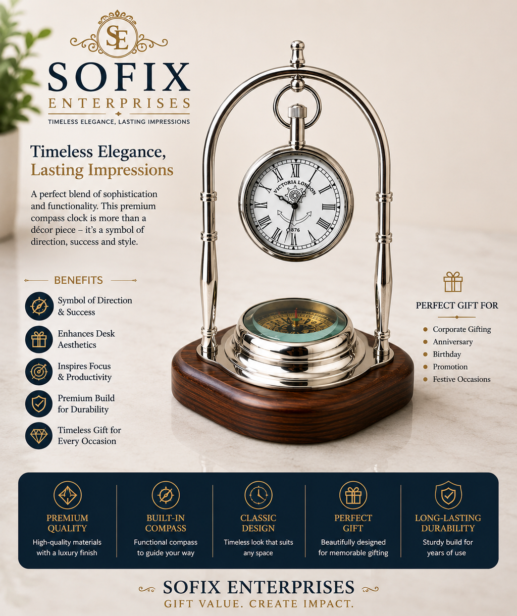Writing  Vintage Nautical Desk Clock with Compass – Silver-Tone Maritime Table Clock with Wooden Base