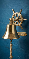 Polished Brass Ship Bell – Vintage Nautical Wall Decor with Ship Wheel Handle & Rope Pull