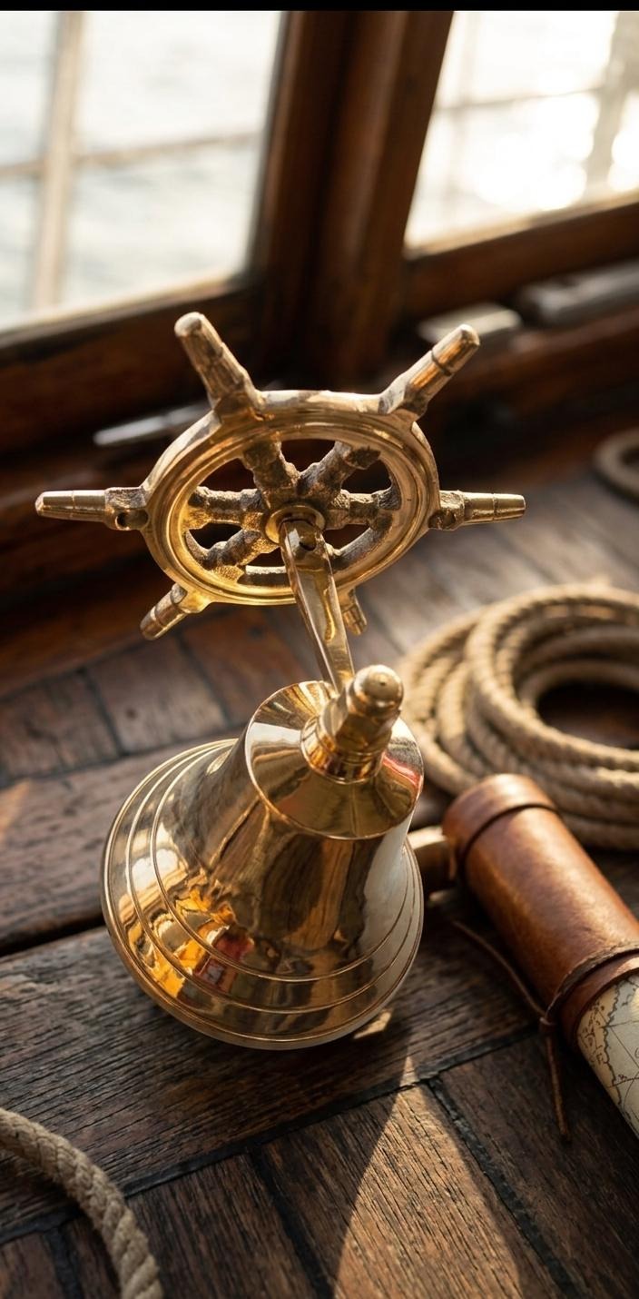 Polished Brass Ship Bell – Vintage Nautical Wall Decor with Ship Wheel Handle & Rope Pull